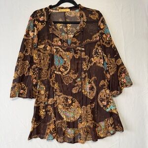 Ginger Mary Womens Boho Indie Paisley Dress Size 34 (4) Brown Sheer Flare Sleeve
